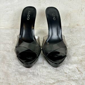 ALDO Black Open Toe High Heel Sandals Smokey Clear Toe Straps Size 7.5 (38)120